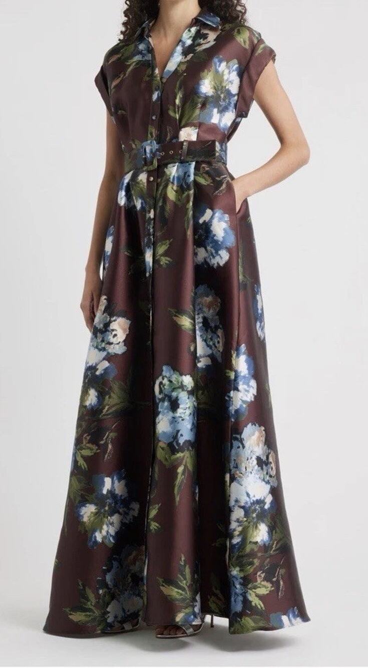Julia Jordan Floral Print Satin Long Gown With Pockets No Belt Sz 12 NEW $298